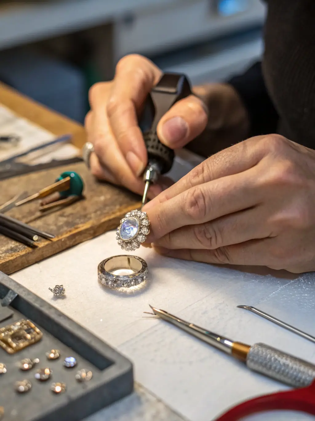 Close-up of a skilled artisan carefully setting a pink crystal into a silver bracelet, showcasing the meticulous handcrafting process behind Day Stone Shop's luxury crystal jewelry.